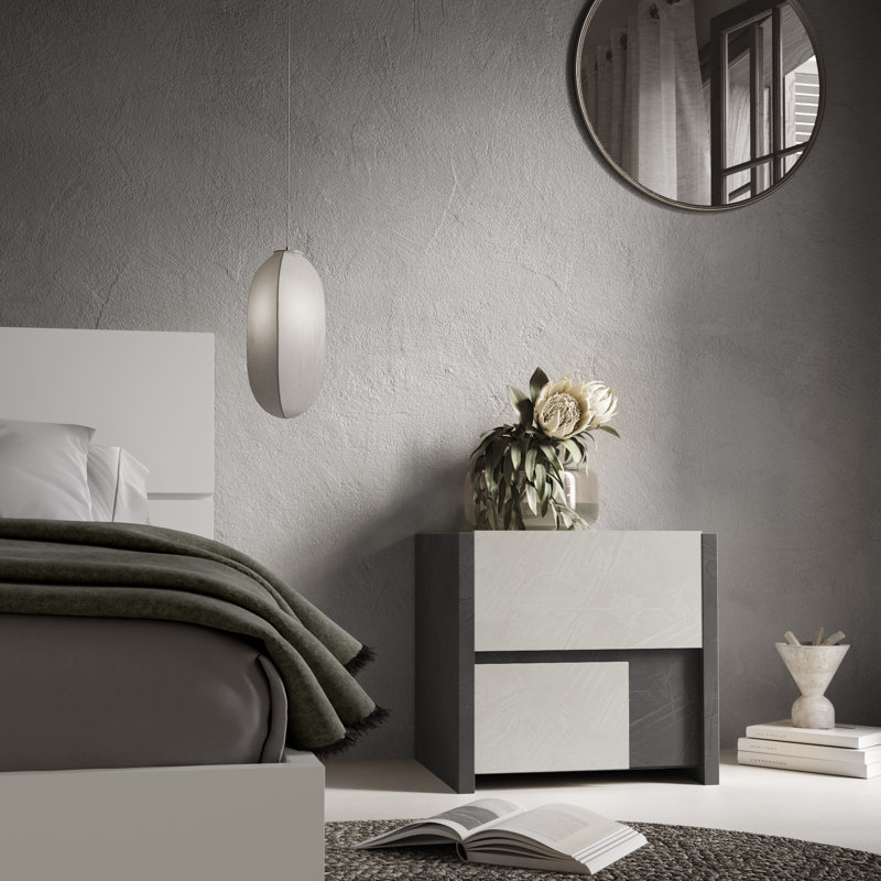 Venezia Manufactured Wood Bedside Table Assembled, Lead Stucco/White Stucco