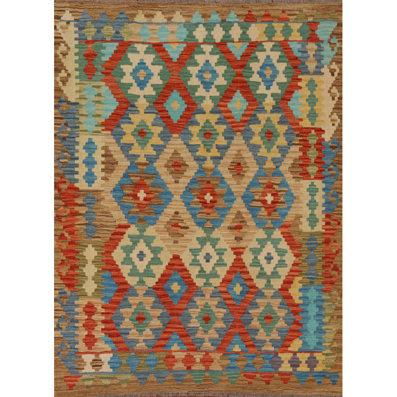 Tapis vert / rouge / bleu en laine tissé à plat à la main Ikat