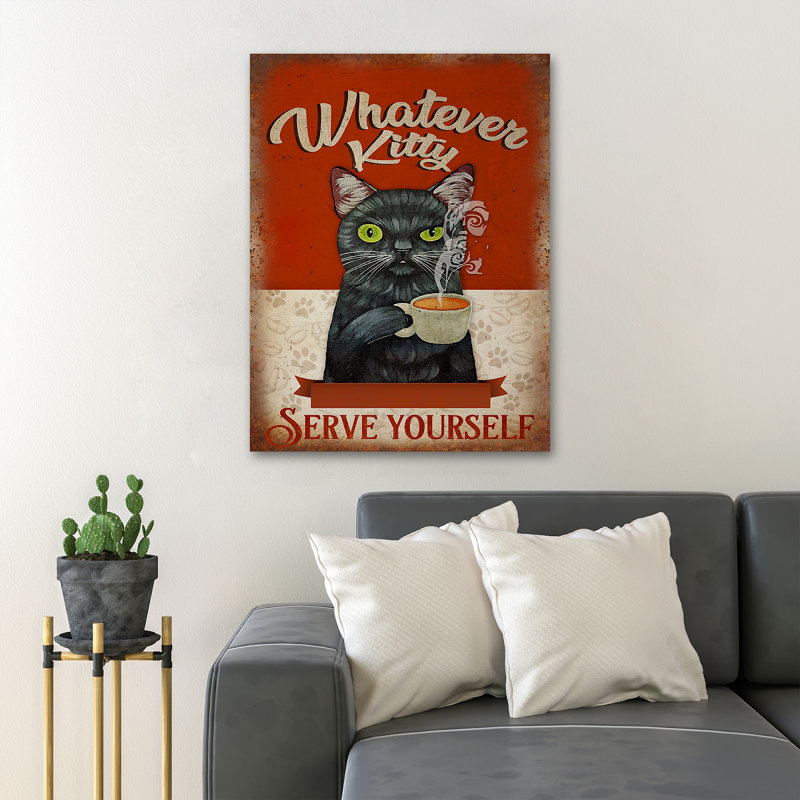 «Black Cat With Coffee - W échang Kitty Serve Yourself», reproduction d'art rectangulaire sur toile tendue 1 pièce