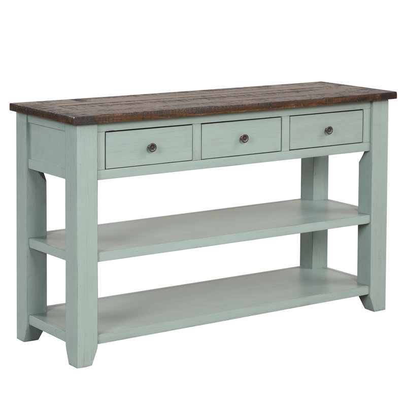 Console moderne 48 po, plateau en bois de pin massif, 3 tiroirs et 2 tablettes ouvertes, bleu et brun rétro, facile à assembler