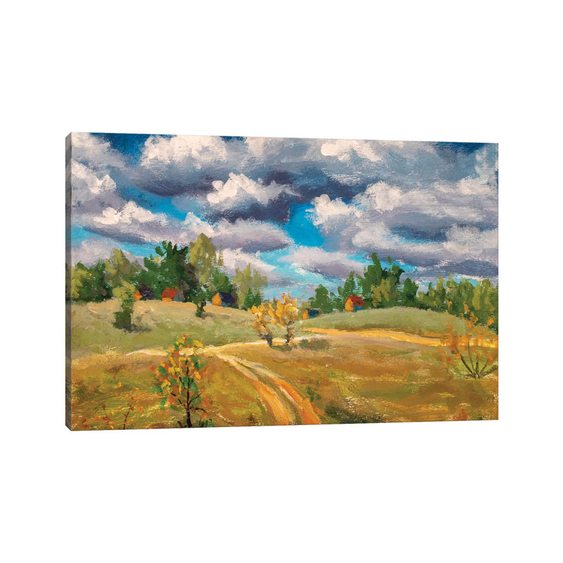 Beautiful Clouds Old Rural Houses In Spring Field by Valery Rybakow - Painting on Canvas, Wrapped Canvas