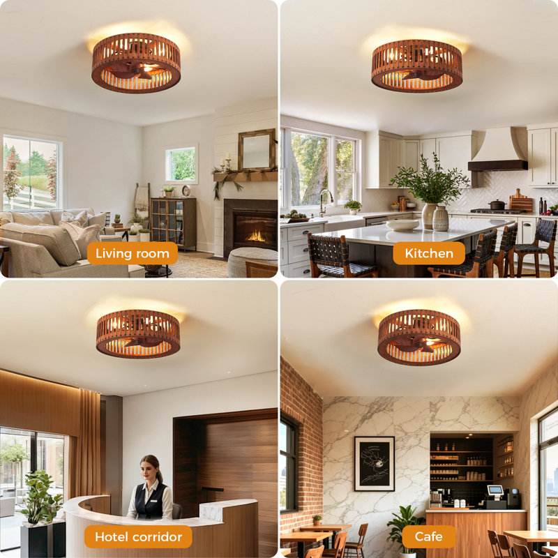 19.7" 4-Light Flush Mount Brown Wood Ceiling Fan Light, 5-Blade Rustic Fandelier with Remote Control and Reversible DC Motor for All-Season Use