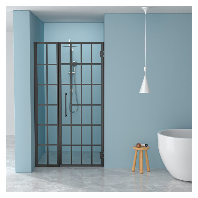 Porte de douche pivotante avec cadre en verre trempé noir mat 34 po x H 72 po