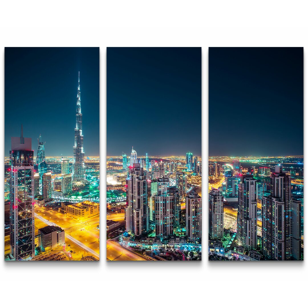 3-tlg. Leinwandbilder-Set Skyline bei Nacht Dubai - UAE