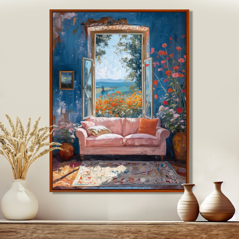«Blue Pink Chateau Chic Window Blooms - Chateaus», reproduction d'art murale, Toile avec cadre flottant brun