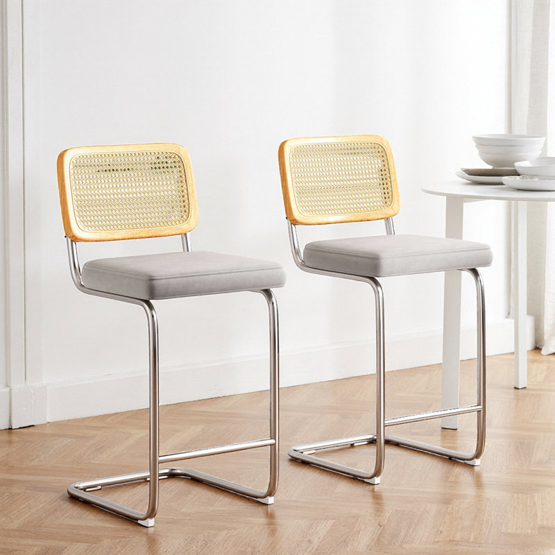 Ensemble de 2 tabourets de bar modernes en velours de rotin gris clair pour îlot de cuisine à hauteur de comptoir