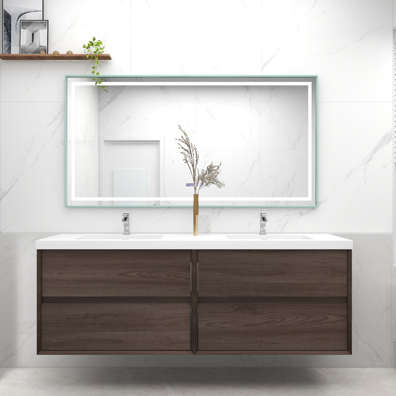 Ensemble de meuble-lavabo double mural 72 po Freidin, Chêne rouge