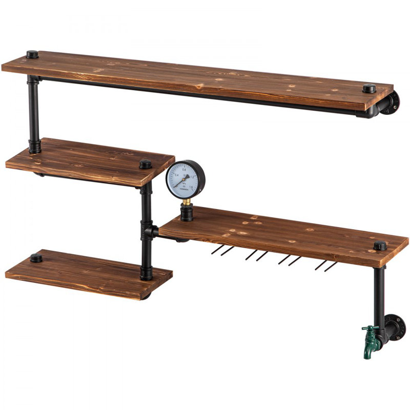 Étagères en fer, étagère de tuyaux en acier industriel avec planches de bois à 4 niveaux, tablettes flottantes rustiques modernes murales, support de rangement pour la salle de bain, la bibliothèque, la cuisine et la décoration intérieure