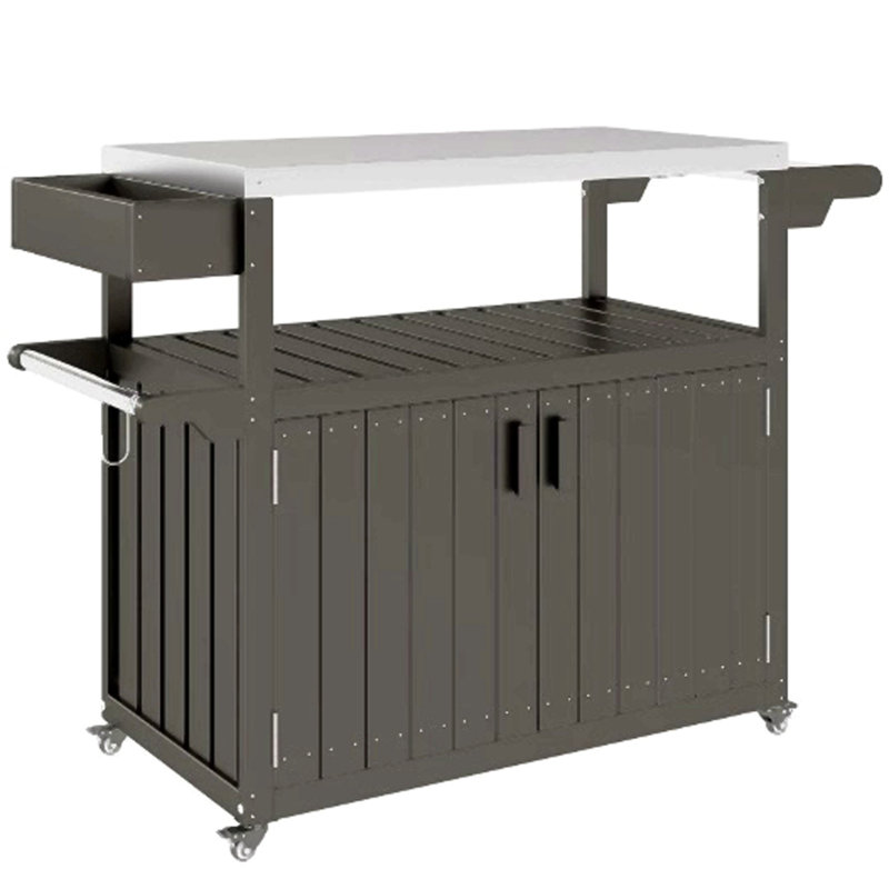 Convenient Outdoor Table Top,Outdoor Bar Cart With Storage,Wheeled Kitchen Island For Food Prep, Dark Gray,Silver