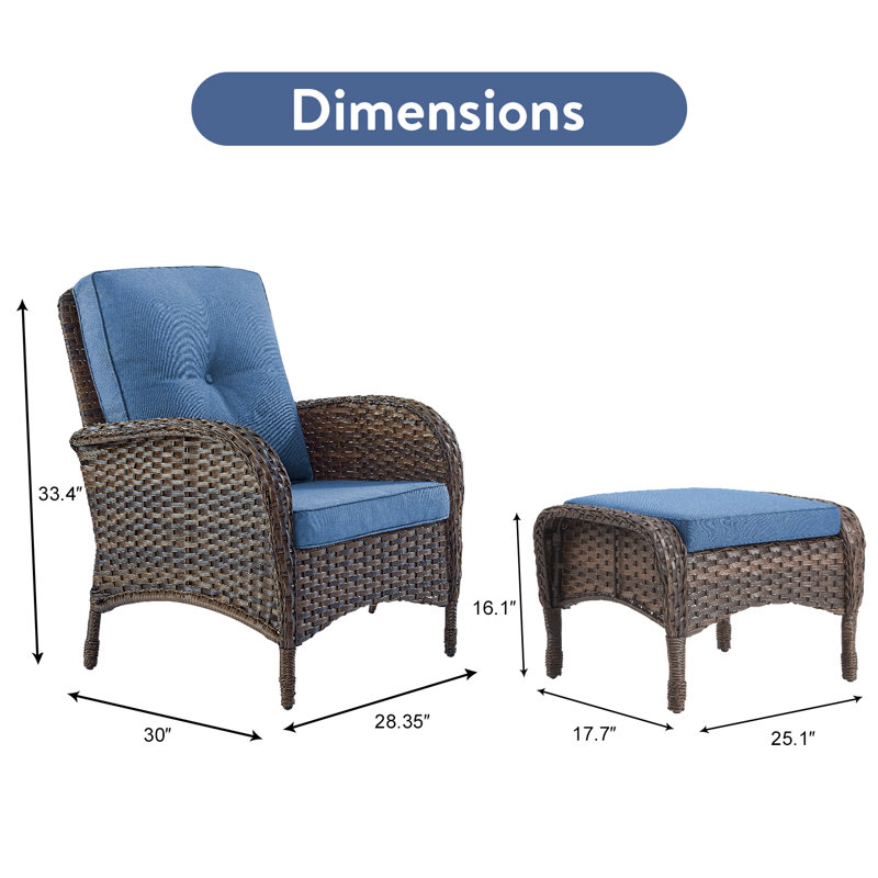 Gaetanino Outdoor Lounge Chair with Ottoman, Blue