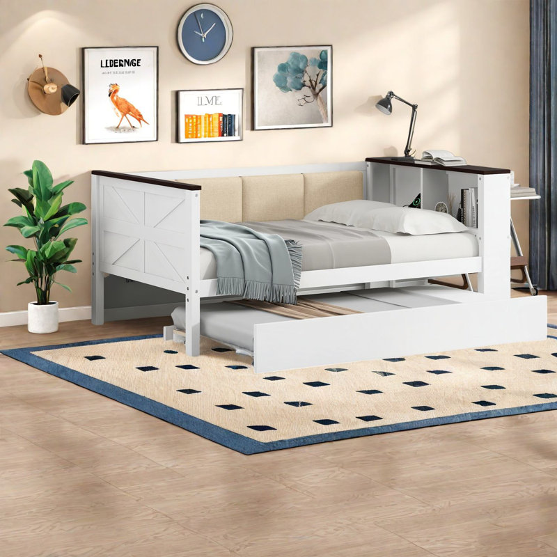 Lit de jour simple en bois avec rangement et lit gigogne