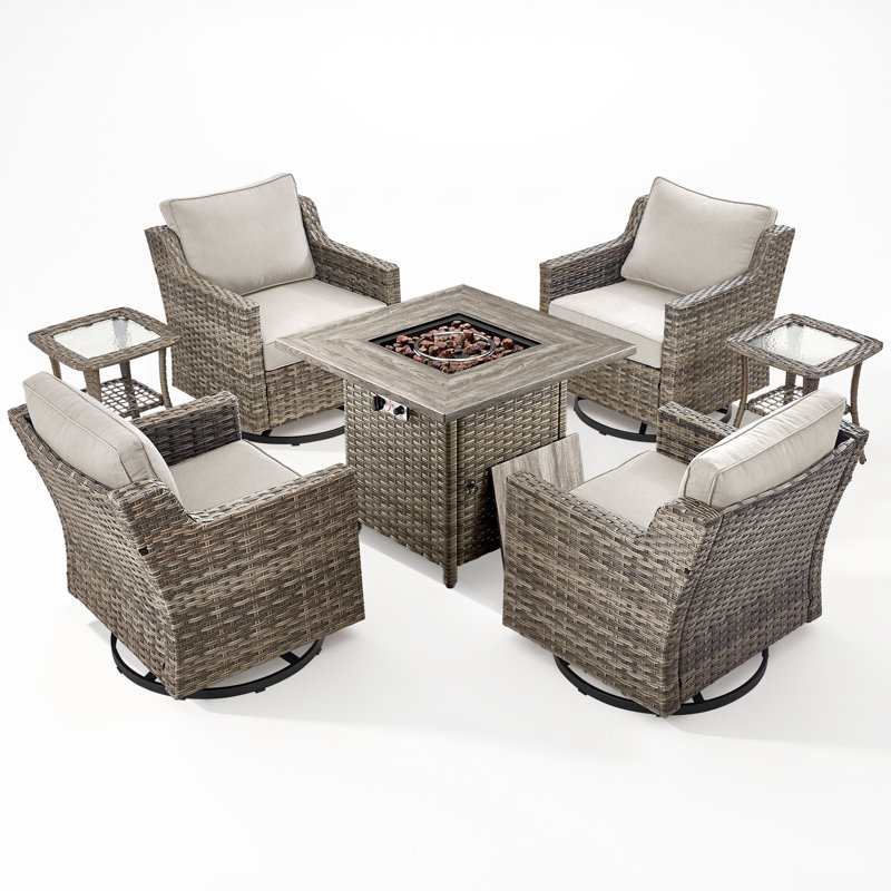 Maellys 4 Person Outdoor Seating Group With Square Fire Pit, Patio Conversation Set With Swivel Gliders And Side Tables