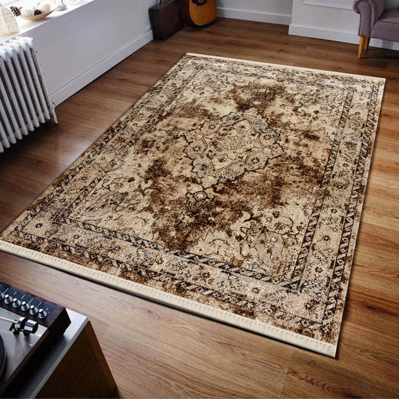 Tapis oriental brun tissé à plat en polyester Caskey, Rectangle 3 pi 11 po x 5 pi 11 po
