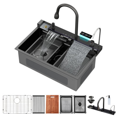 Évier de cuisine noir Gunmetal, cascade, bol simple multifonction, acier inoxydable de calibre 16, poste de travail à rebord, montage par le haut | Idée de cadeau