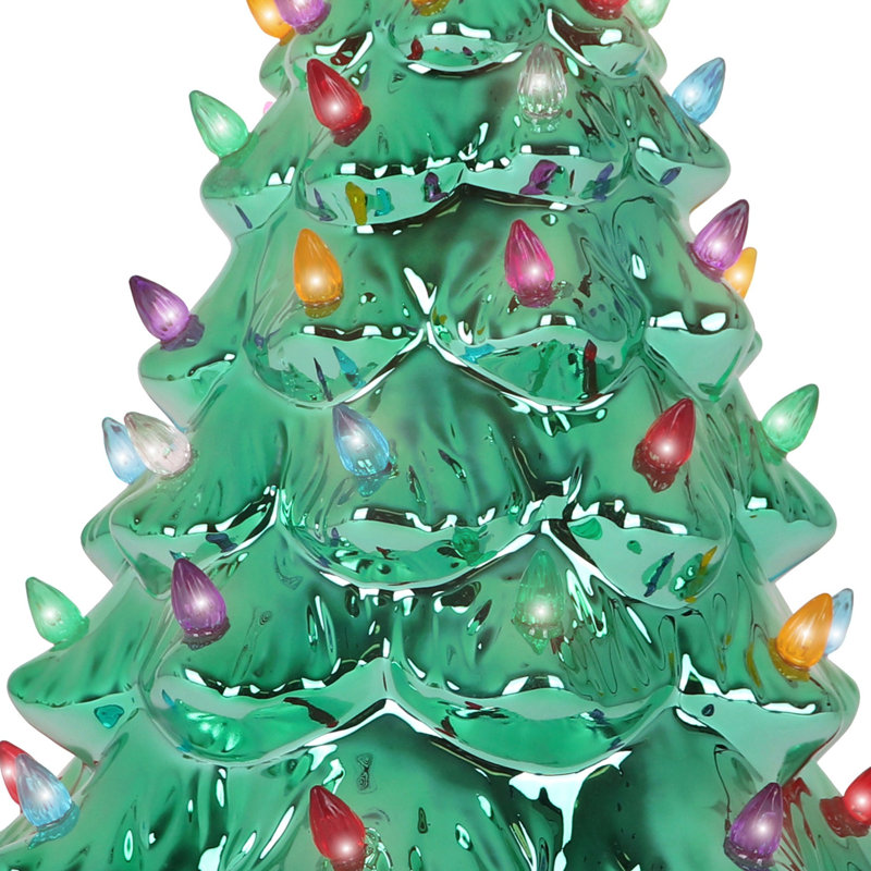 Arbre de Noël en céramique 15,5 po - Arbre de Noël rétro inspiré - Arbre lumineux, Perle / émeraude