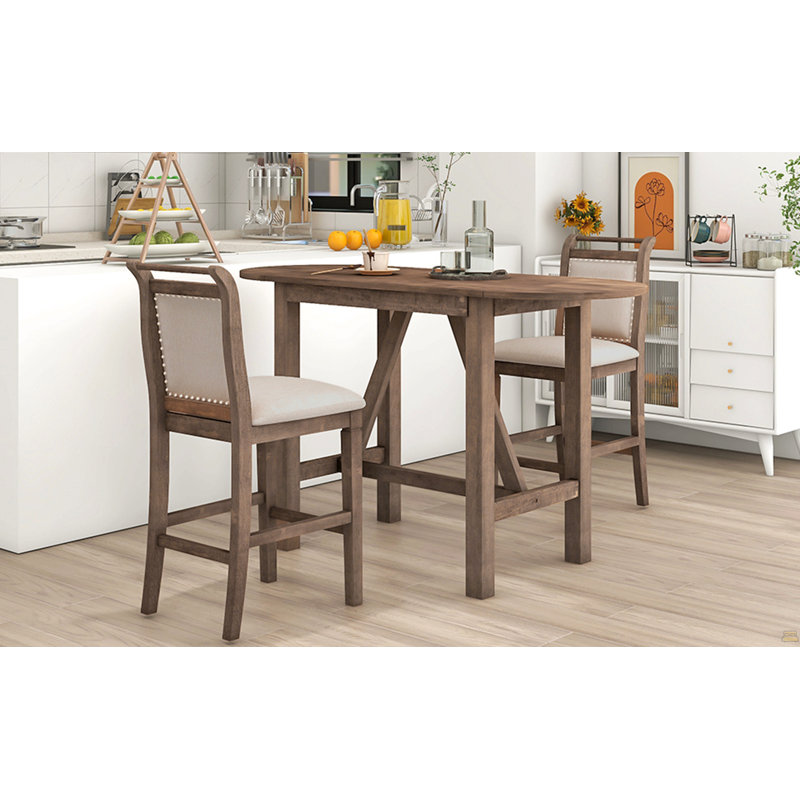 Ensemble de table de salle à manger à hauteur de comptoir en bois 3 pièces avec 2 chaises rembourrées pour petit espace, brun
