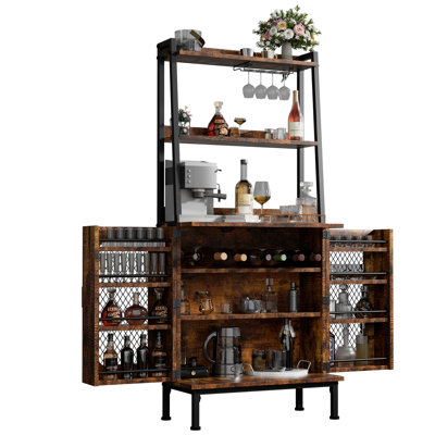 58" Tall Bar Cabinet With Power Outlets, Wine Liquor Cabinet With Glass Holder, Coffee Bar Station & Microwave Stand, Bakers Rack Storage Cabinet For Living Room