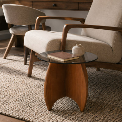Modern Side Table with Walnut Tone Rubber Wood Base, Gray Tempered Glass Top 19.7"D × 16"H