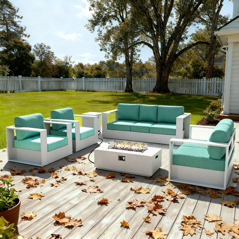 Modern Outdoor Aluminum 5-piece Conversation Set With Firepit Table, Teal Cushion/White Frame