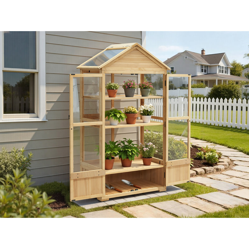 35.4" W x 21.3" D Cold Frame Greenhouse,3 Tier Wooden Greenhouse with Adjustable Shelf