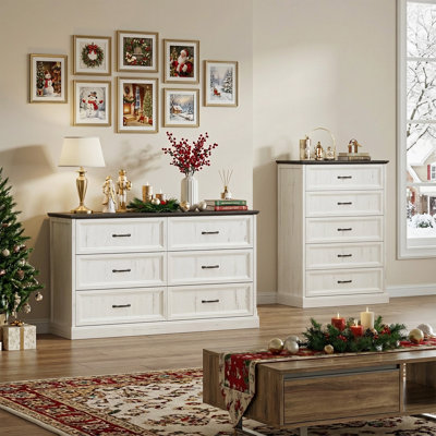 Hallah 2 Pieces Bedroom Set, 6  White Drawer Dresser and 5 Dresser Chest