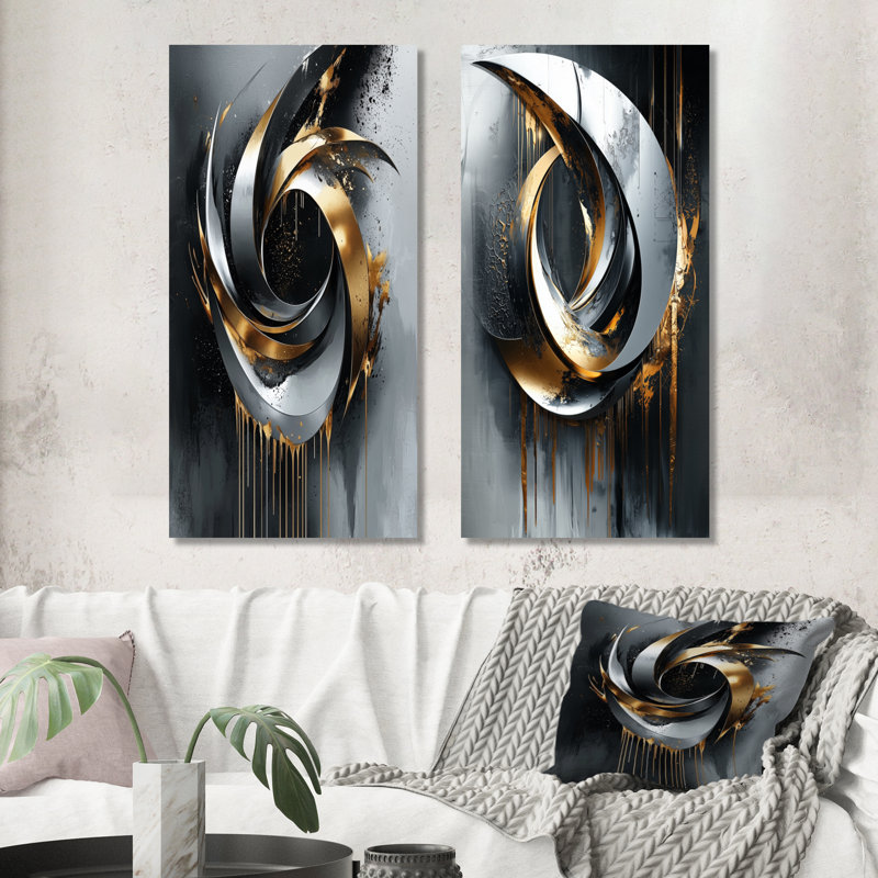Ensemble de 2 formes d'art abstrait noir et or I - Formes abstraites, H 28 po x l 24 po, Toile tendue sur cadre