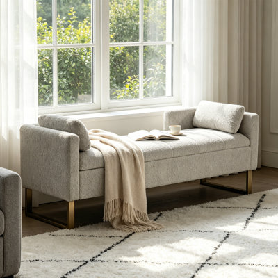 Upholstered Flip Top Chenille Storage Bench With Gold Legs And 2 Pillows