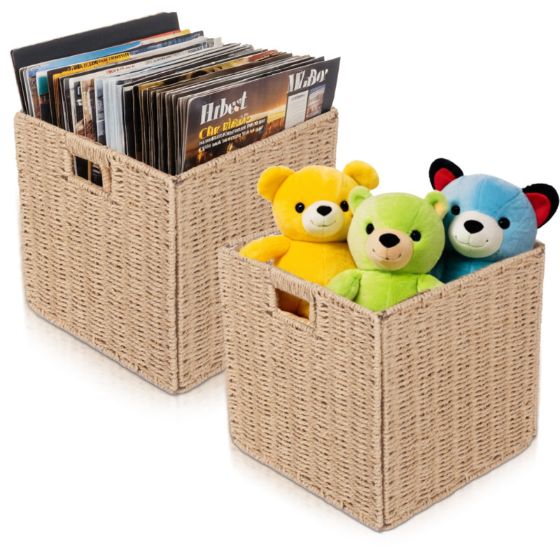 12" Collapsible Wicker Storage Baskets Storage Cubes Baskets Organizer Bins, 2 Pack, Tan