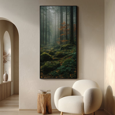 Très grand art mural imprimé sur toile - Misty Forest Landscape, scène sereine, décoration murale verticale pour salon ou chambre à coucher