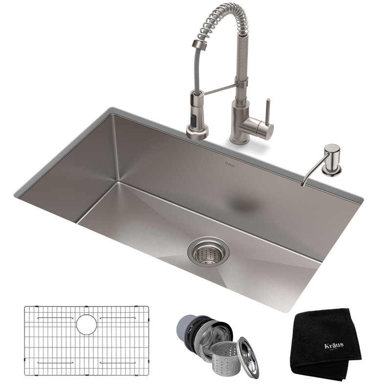 Kraus 32-in Standart Pro Kitchen Sink Combo Set with Bolden™ Kitchen Faucet and Soap Dispenser, Stainless Steel