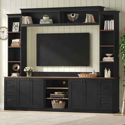 Meuble audio-vidéo 4 en 1 avec bibliothèque pour téléviseur de 70 à 70 po, grand meuble télé de style campagnard avec tablettes réglables en noyer, console multimédia élégante avec tiroirs pour le salon