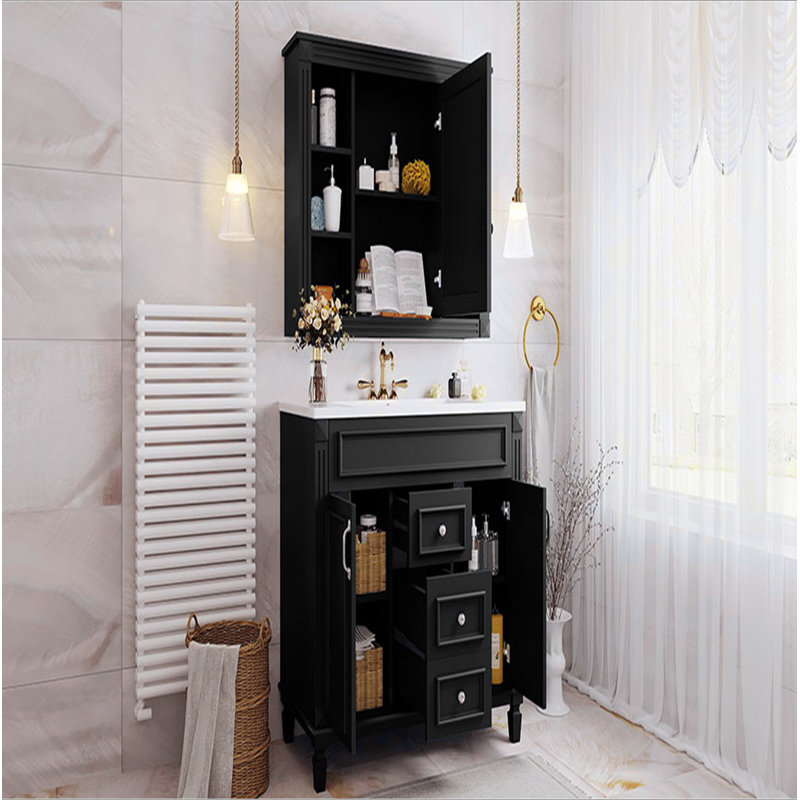 Meuble-lavabo de 36 po avec lavabo supérieur, armoire à miroir noire, armoire de rangement moderne avec 2 portes à fermeture douce et 2 tiroirs, meuble-lavabo simple
