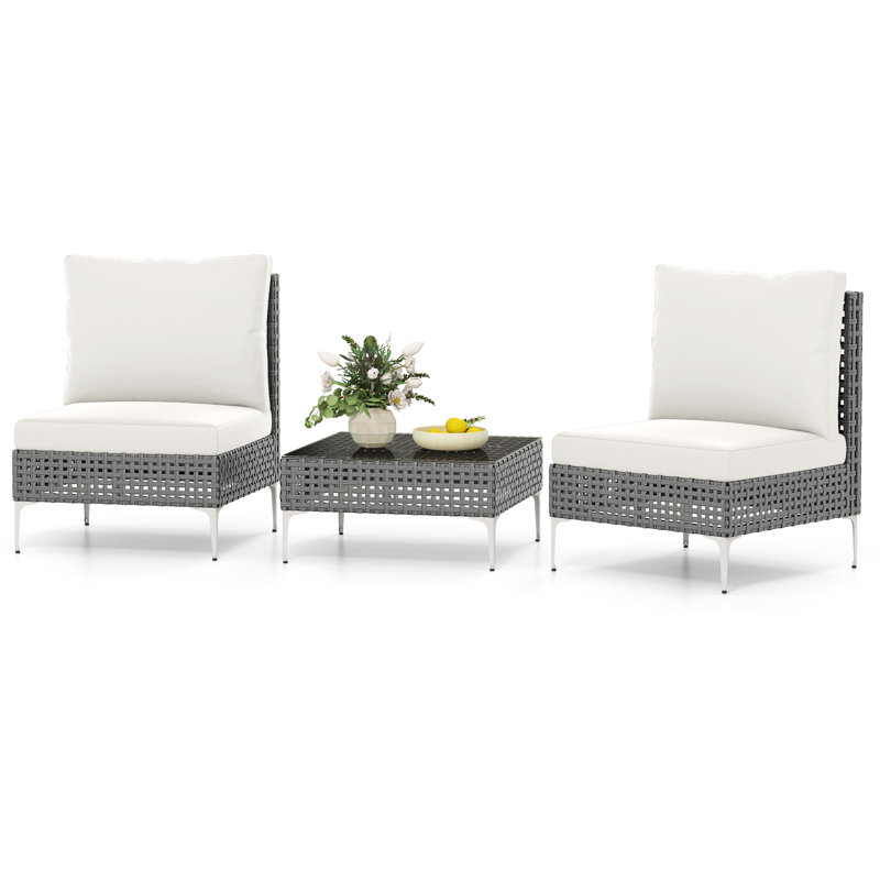 3 Pieces PE Wicker Rattan Black Bistro Table And Chairs Set Outdoor Patio Furniture Set, Grey