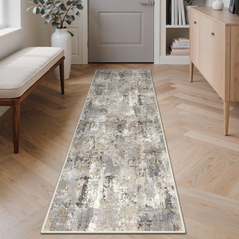 Mignone Abstract Machine Washable Grey / Brown Indoor Area Rug with Non-Slip Backing, Runner 2'3" x 6'