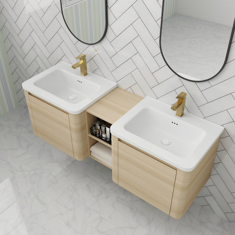 Meuble-lavabo flottant de 60 po avec porte à fermeture en douceur, 60", Beige