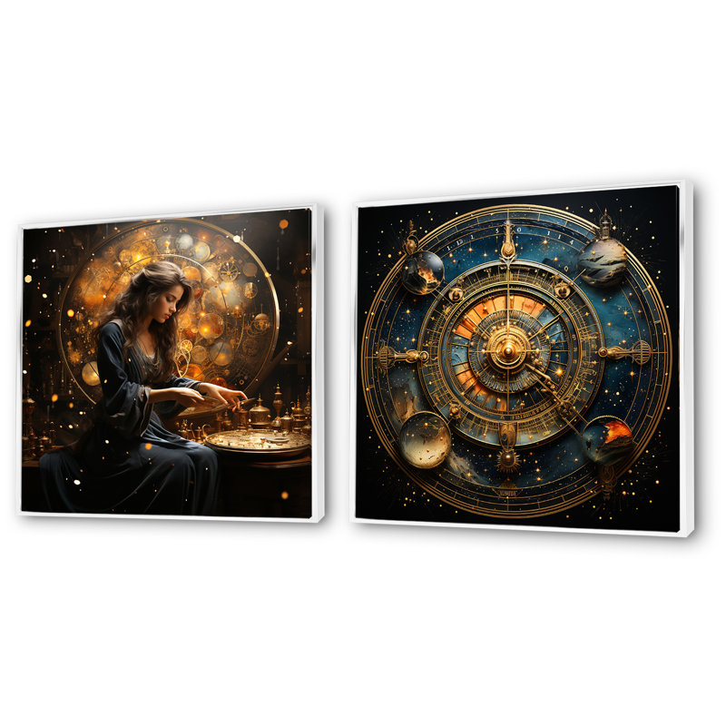 Voyage astrologique I - ensemble de 2 reproductions d'art sur toile, Cadre flottant blanc, H 16 po x l 33 po x P 1 po