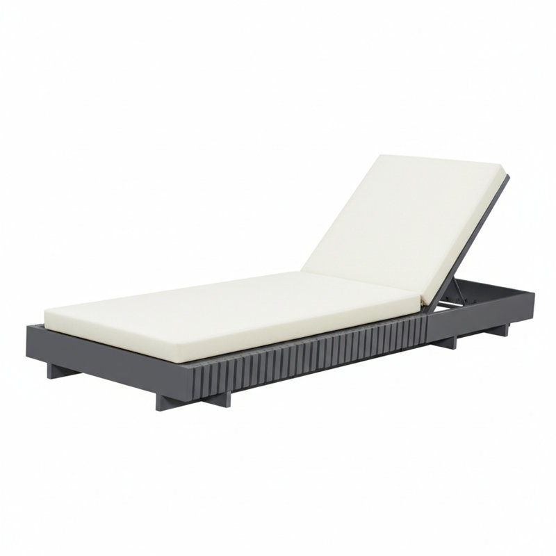 Chaise longue de patio moderne gris foncé, bois d'acacia et coussin crème pour la détente dans le jardin