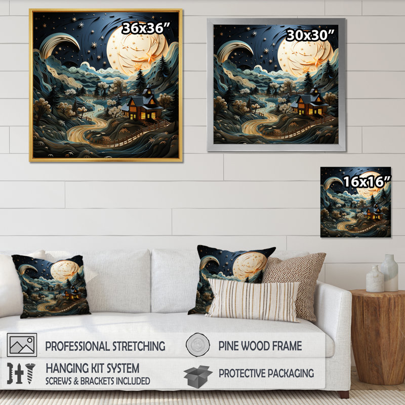 " Landscape Barn By Moonlight V ", 16" H x 16" W x 1" D, Natural Floater Framed