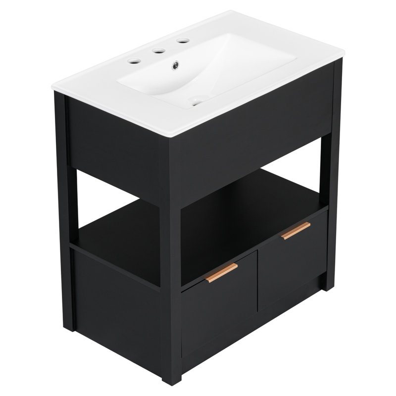 Meuble-lavabo noir élégant de 30 po avec comptoir d'évier, tablette de rangement ouverte et deux tiroirs, ensemble complet (ancien SKU: Wf311619aap)