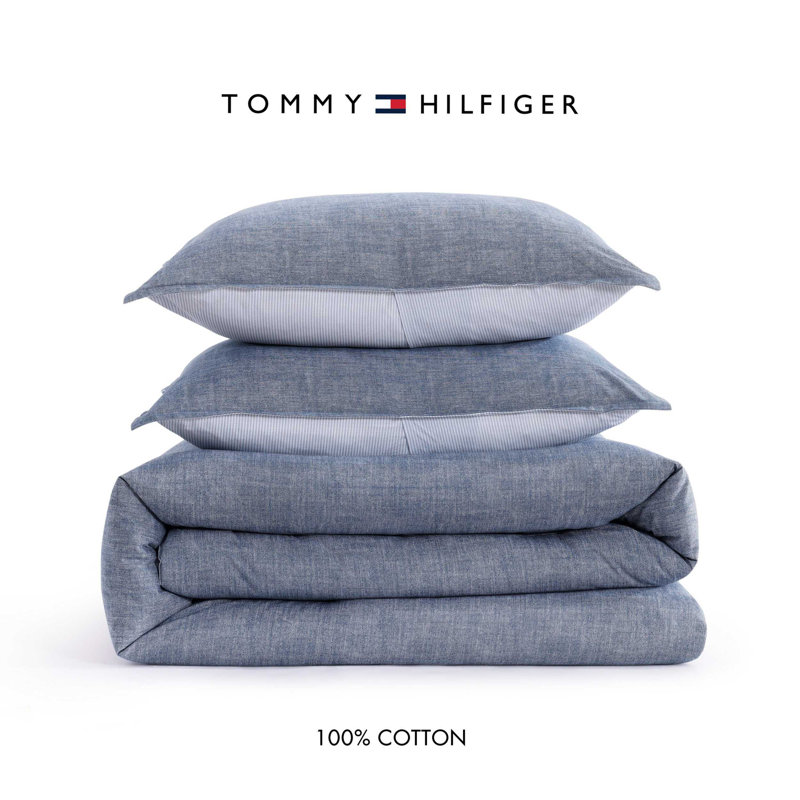 Tommy Hilfiger Classic Texture Cotton Chambray Blue Comforter Set, Queen Comforter + 2 Standard Shamps, 3