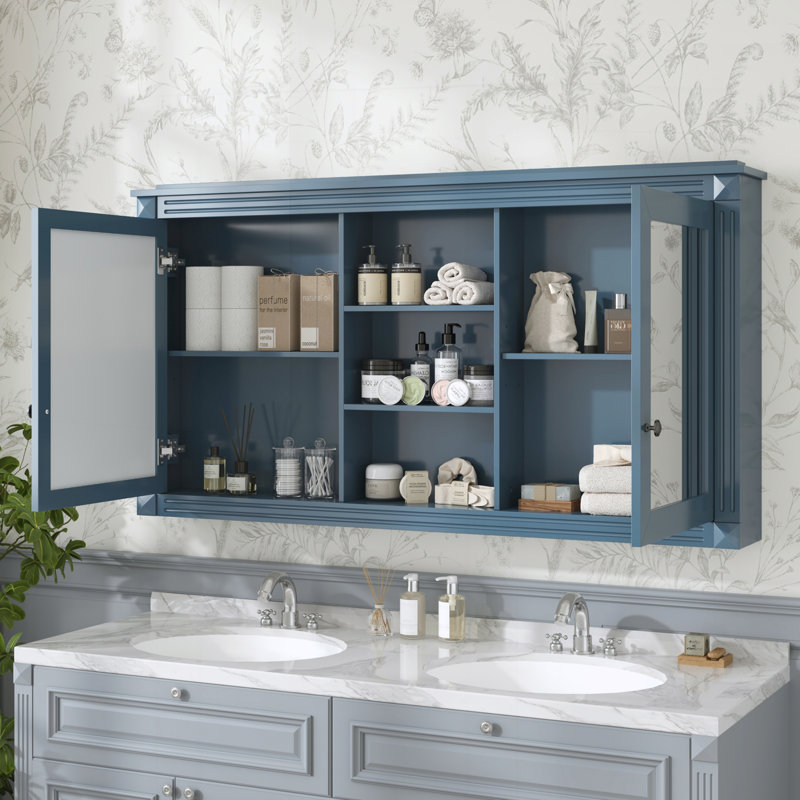 Armoire de toilette murale 2 en 1 avec miroir, étagères réglables et charnières à fermeture douce, idéale pour la salle de bain, le salon ou la chambre.
