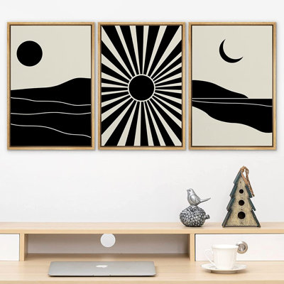 Signature signée, impression sur toile, ensemble d'art géométrique, soleil, croissant de lune, paysages, nature sauvage, illustrations, art moderne, minimalisme, décoratif pour le salon, la chambre à coucher, le bureau - 16 po x 24 po x 3 po