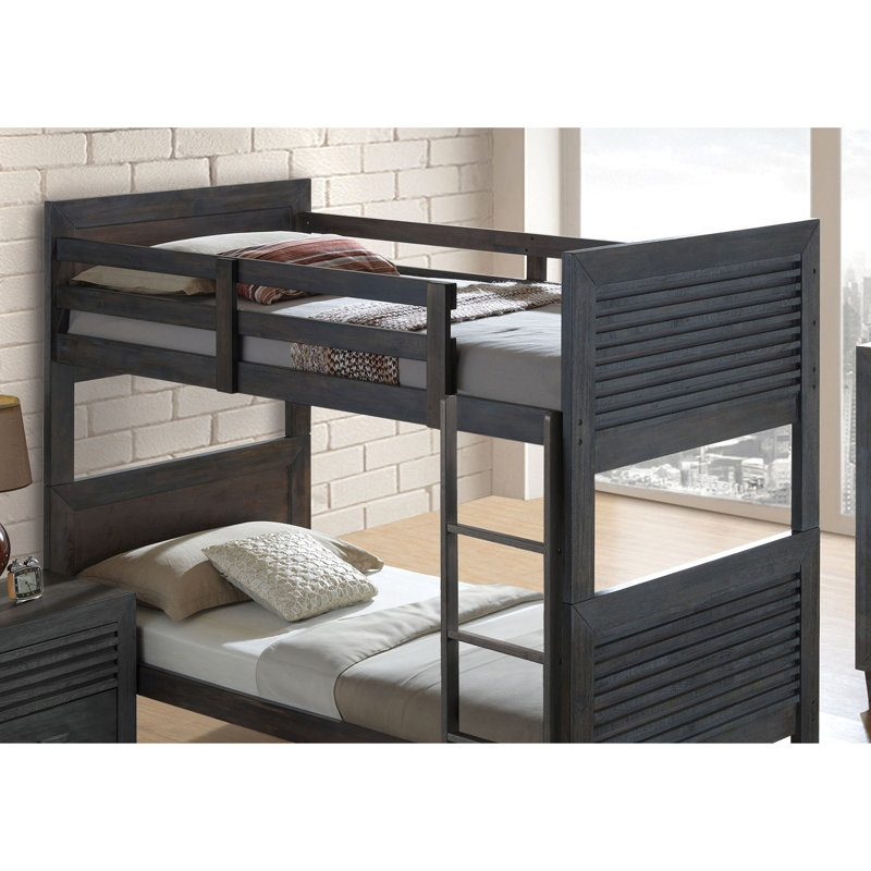 Lit simple superposé au-dessus de style transitionnel avec lit réversible, bois massif brun anthracite, conception à lattes, tête de lit à panneau et convertible pour la chambre à coucher