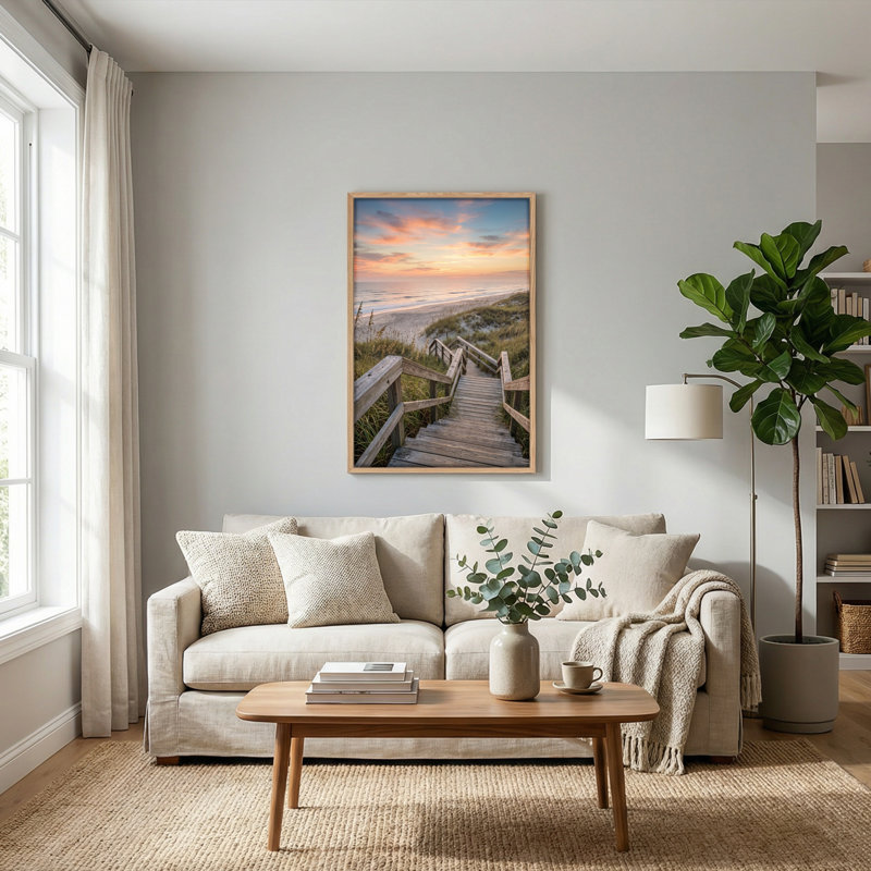 Ensemble de 1 tableau sur toile représentant un coucher de soleil sur la plage, H 48 po x l 36 po, Naturel