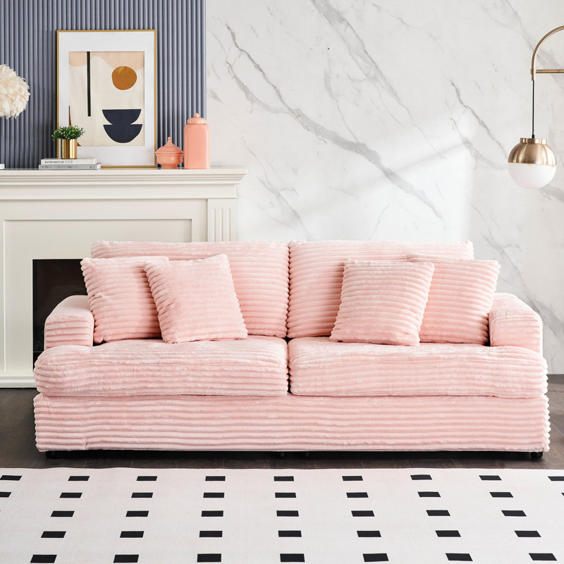 Canapé en velours côtelé rose avec 4 coussins, 3 places, spacieux et 3 pièces pour le salon, 31" H x 79.3" W x 34" D, Rose