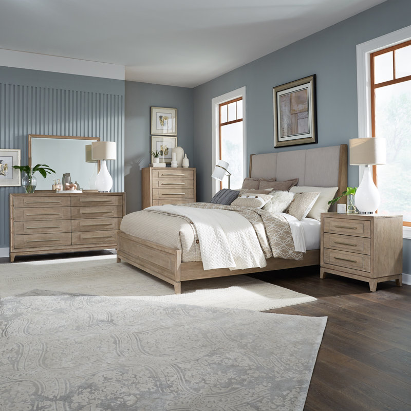 Chantee Upholstered Bed, Dresser & Mirror, Chest, Nightstand Bedroom Set, Queen, 5 Pcs: Bed, Nightstand, 2 Dressers, Mirror