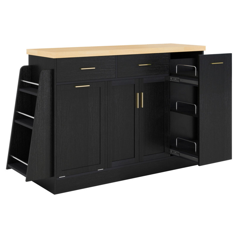 Multi-Functional Storage Sideboard, Trash Can Storage, Sliding Door Cabinet & 3-Tier Spice Rack,Kitchen Island Table For Kitchen, Dining Room