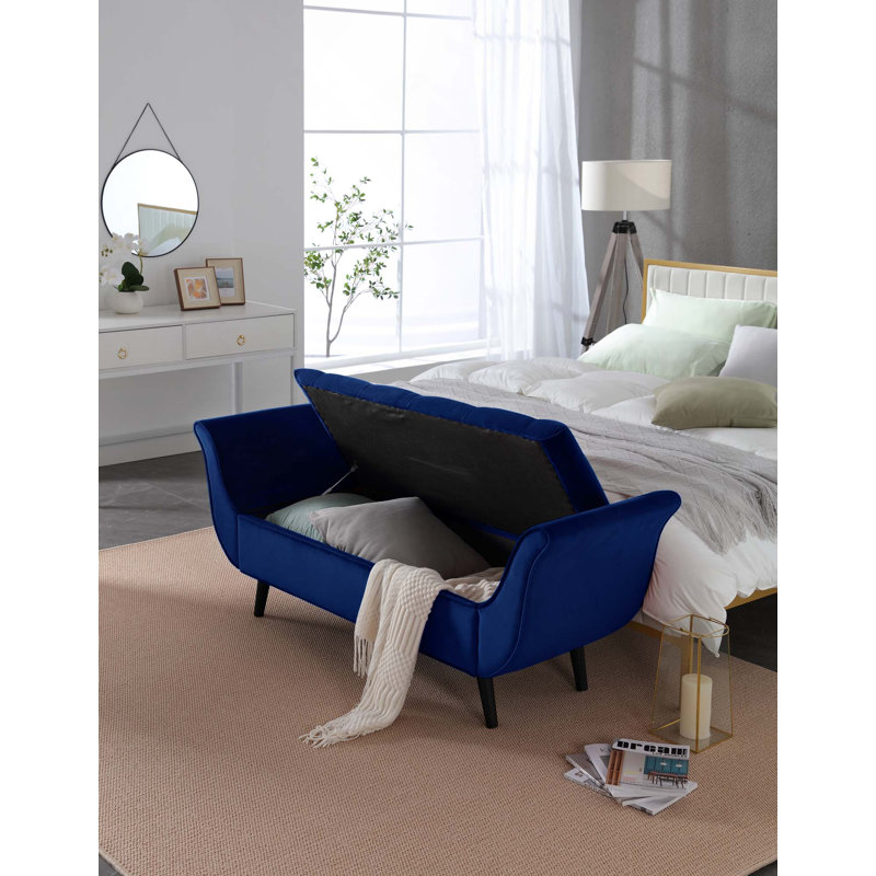 Banc de rangement rétro capitonné de 65 po de long avec design rétro classique, Marine, Noir