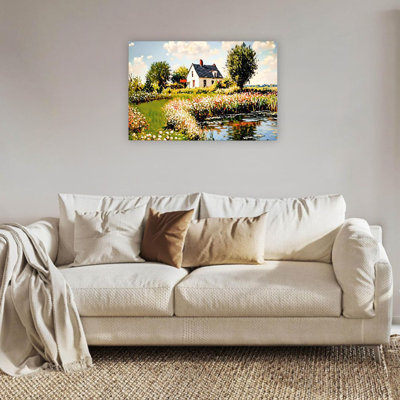 Vintage Cottage Countryside Pond House Landscape, Unframed Wall Art, 24"L X 36"W