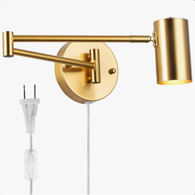  Modern Gold Plug-In Swing Arm Wall Sconce, Adjustable Metal Wall Lamp with E26 Socket, Contemporary Reading Light Fixture for Bedroom, Living Room, Office and Study